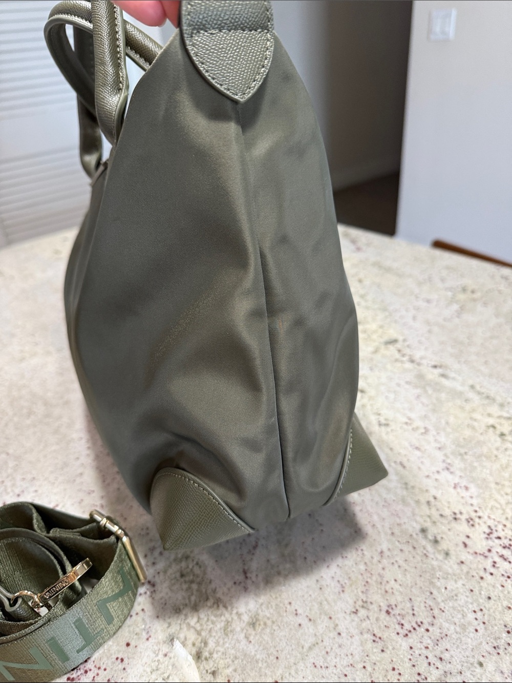 Mario Valentino Olive Nylon Tote with Gold Hardware and Detachable Logo Strap - Picture 6 of 8